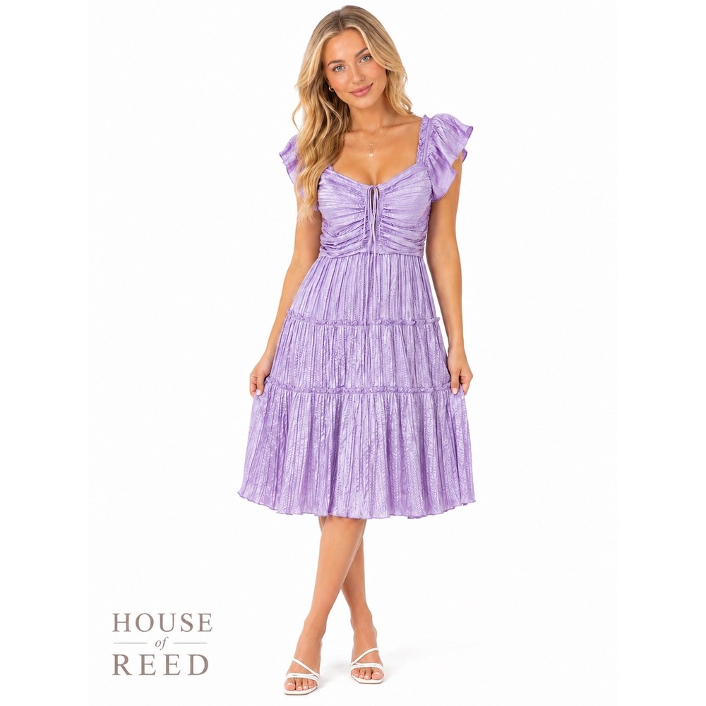 Entro Purple Pleated Midi Dress Womens Large Flutter Sleeve Tiered Smocke